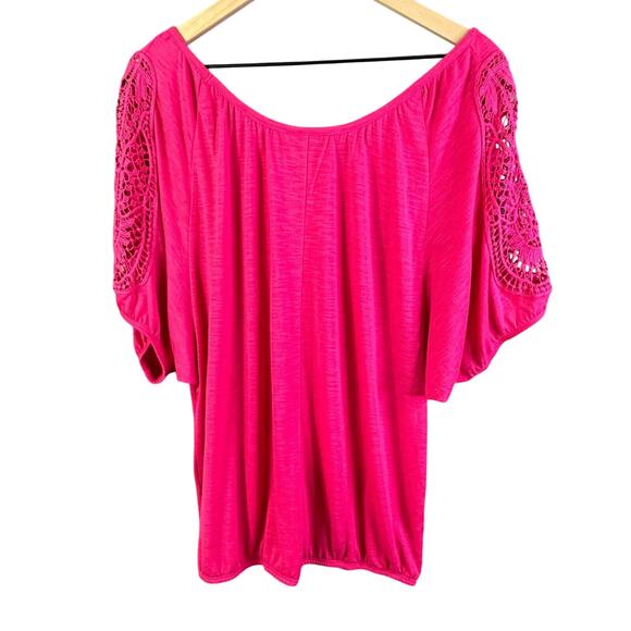 Pink Lace Flutter Sleeve Top Women's Plus 1X Flowy Boho Feminine Casual Blouse - Picture 2 of 6